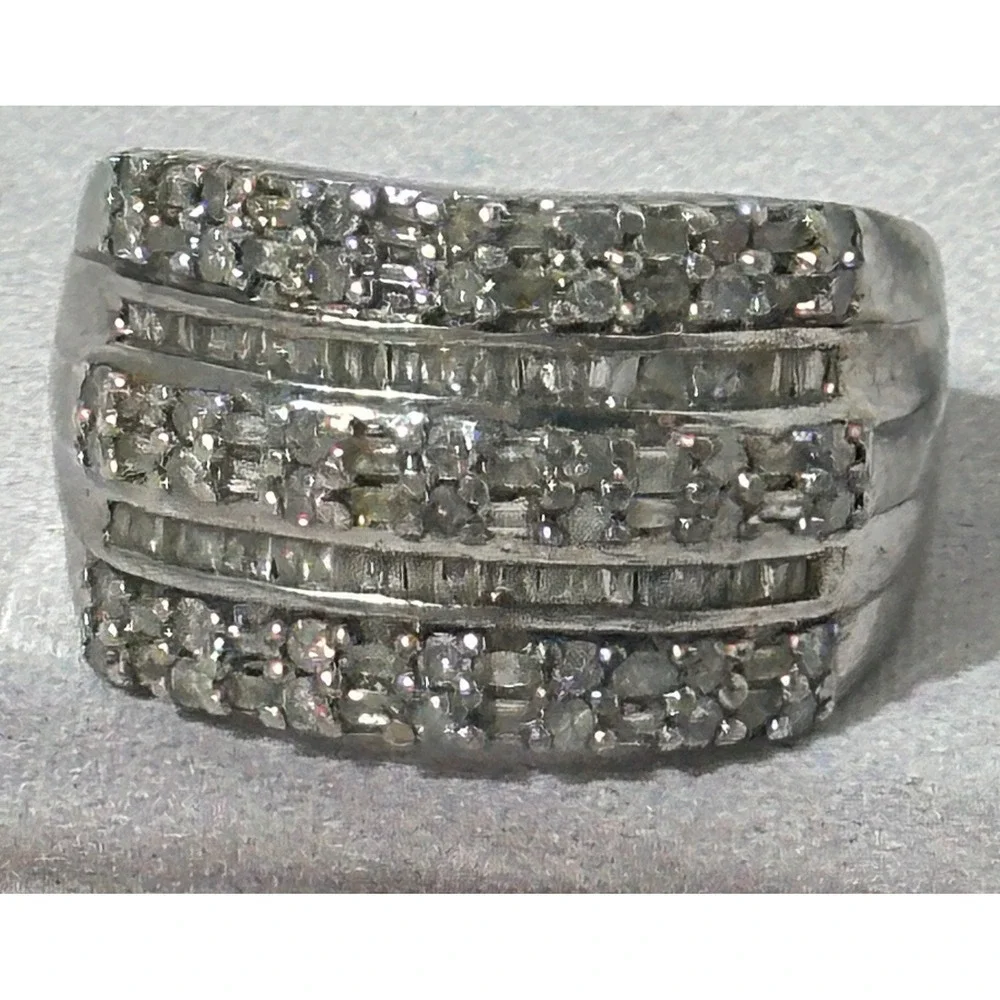Sterling Silver 925 Multi Row Round Baguette Diamond Ring‎ Size 7